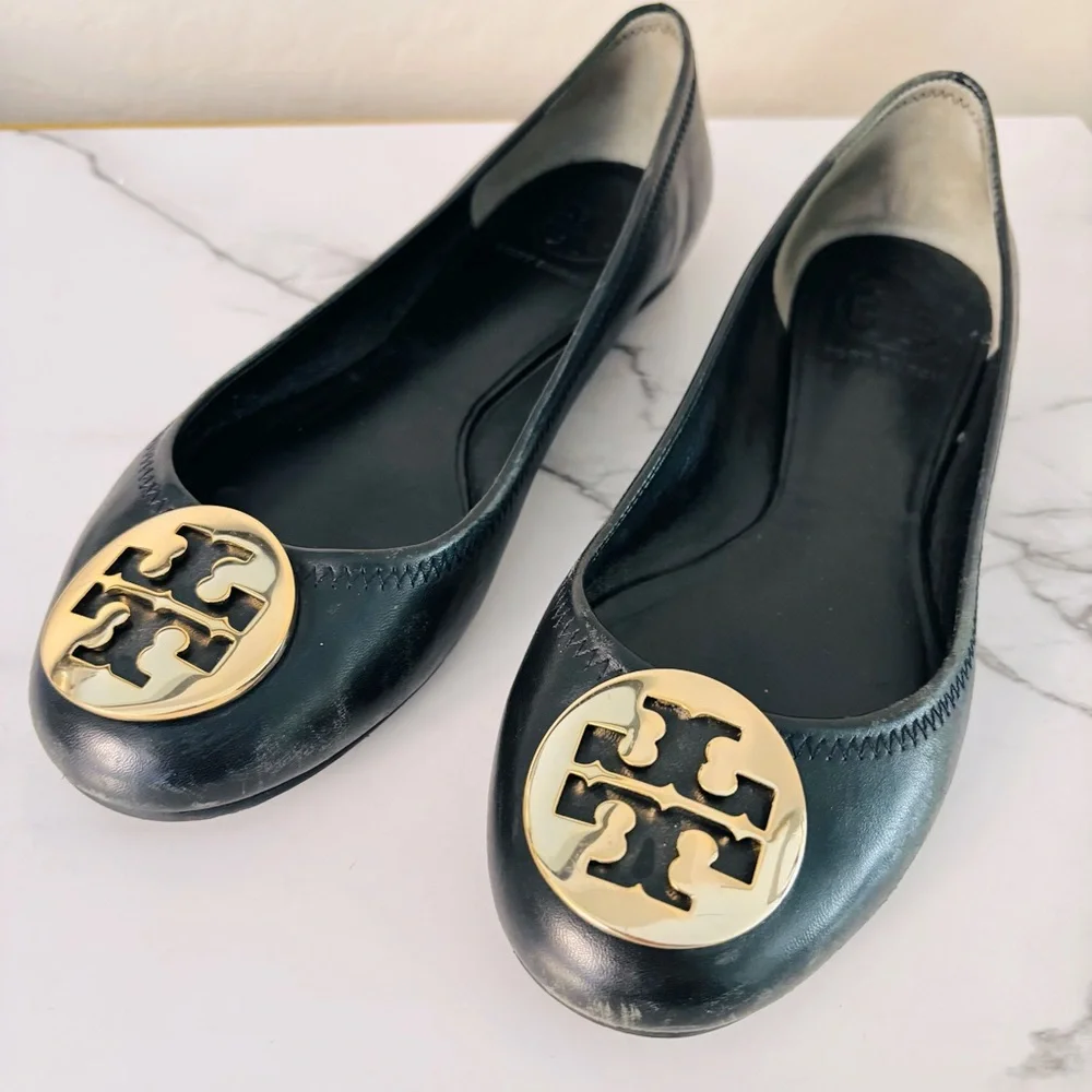 Tory Burch Black and‎ Gold Ballet Flats Size 7.5 C